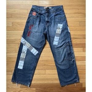 Paco‎ Jeans Mens 32x29.5 Blue Baggy Y2K Hip Hop 90s Skate Grunge Embroidered